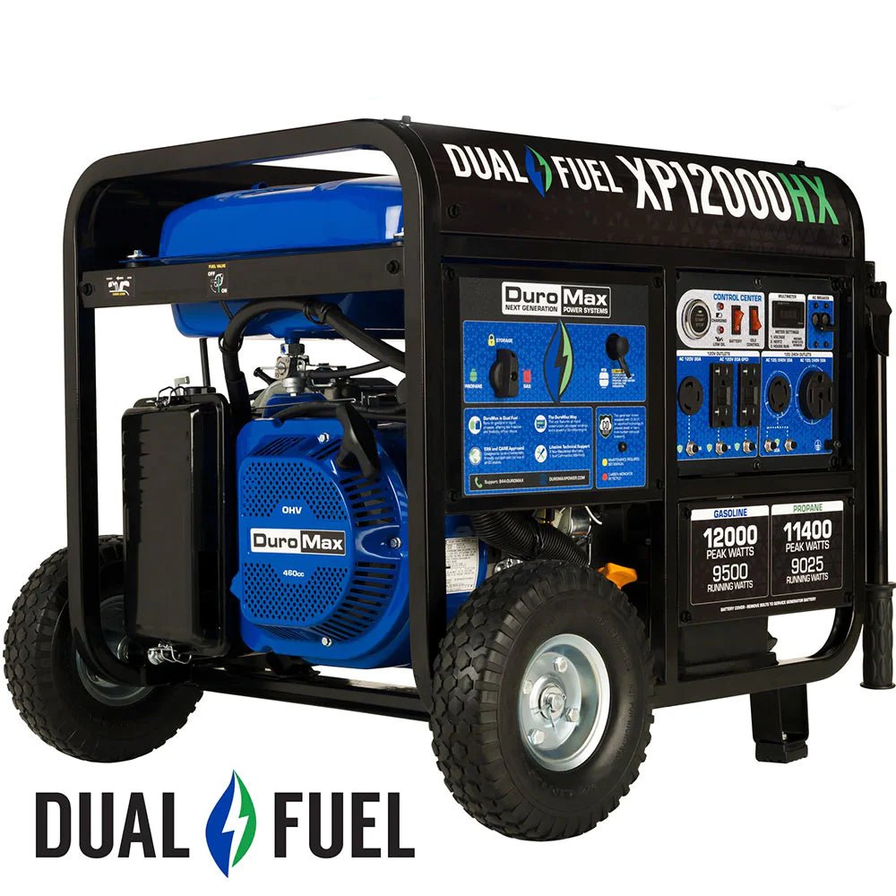 DuroMax 12,000 Watt Dual Fuel Portable HX Generator w/ CO Alert - Prime Yard Tools
