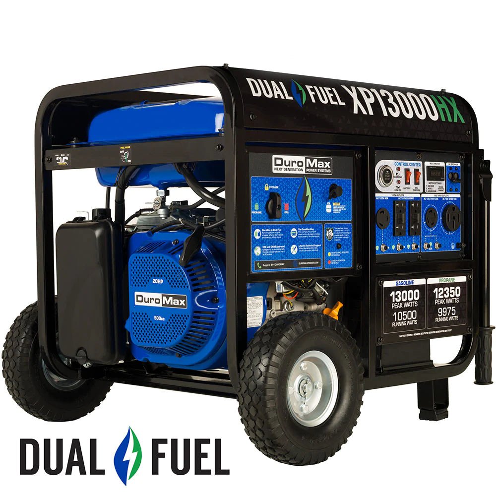 DuroMax 13,000 Watt Dual Fuel Portable HX Generator w/ CO Alert - Prime Yard Tools