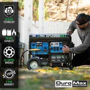 DuroMax 13,000 Watt Tri Fuel Portable HXT Generator w/ CO Alert - Prime Yard Tools