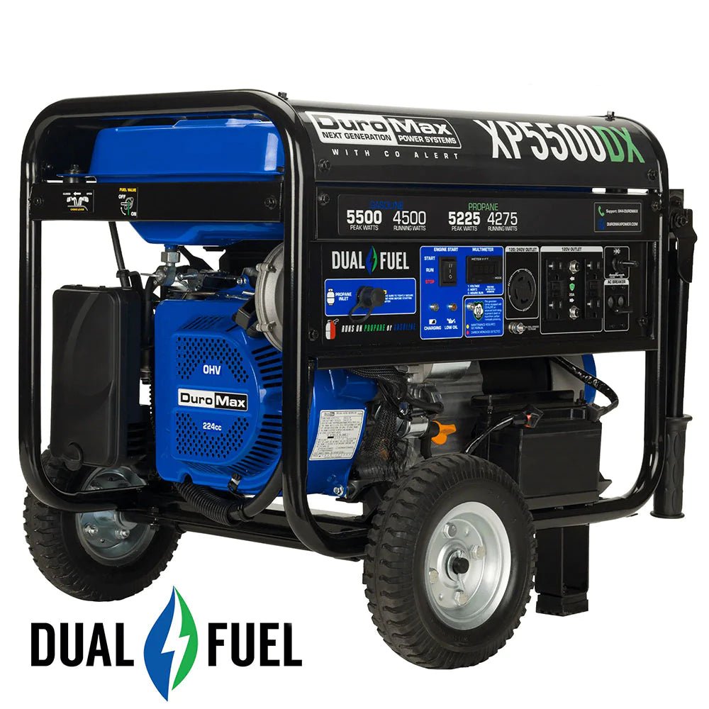 DuroMax: 5,500 Watt Dual Fuel Portable Generator w/ CO Alert - Prime Yard Tools