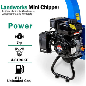 Landworks Mini Wood Chipper & Shredder - 7HP 212CC Gas Engine 3" Max Branch Diameter (Blue) SKU: GUO033 - Prime Yard Tools