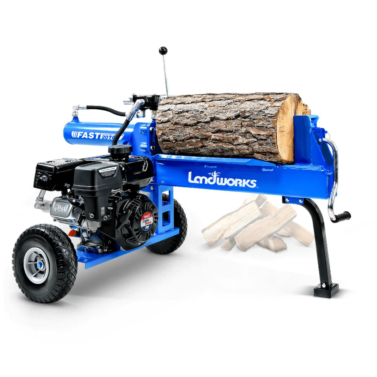 Landworks Portable Gas-Powered Log Splitter - 7HP 212CC, 20-Ton Hydraulic System, 16" Max Wood Diameter (Blue) SKU: GUO079 - Prime Yard Tools