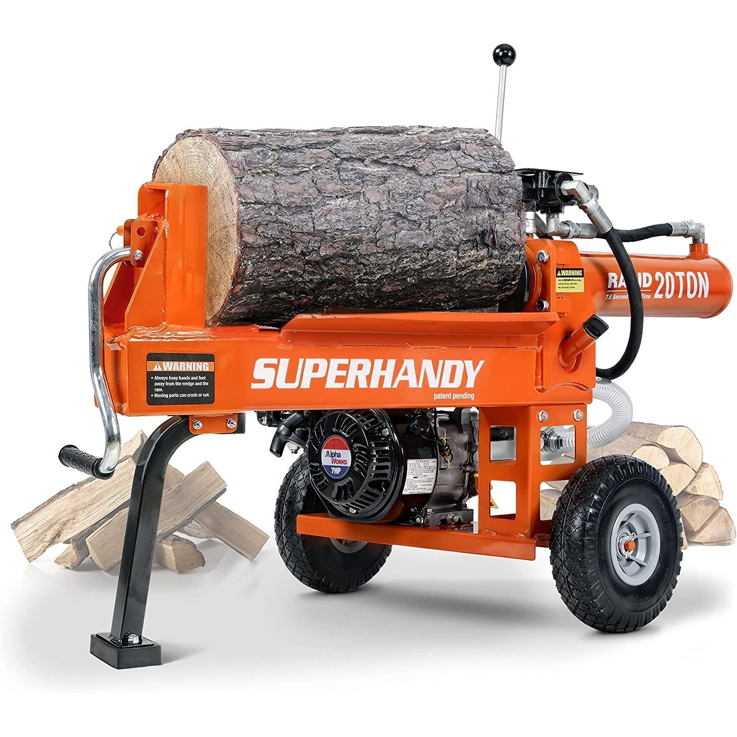SuperHandy Portable Gas-Powered Log Splitter - 7HP 209CC 20 Ton Hydraulic System 16" Max Wood Diameter (Orange) SKU: GUO077 - Prime Yard Tools